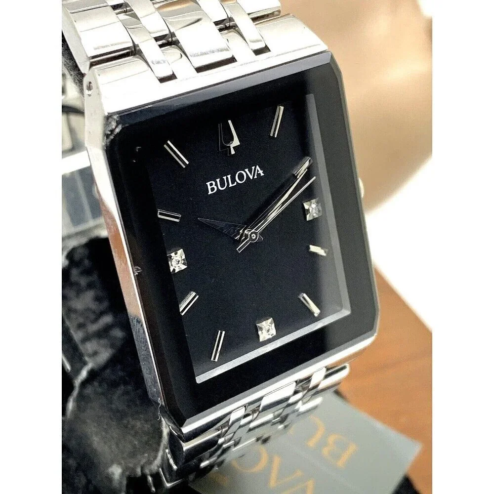Bulova Men's Watch 96D145 Diamond Black Dial Silver Stainless Steel Quar…